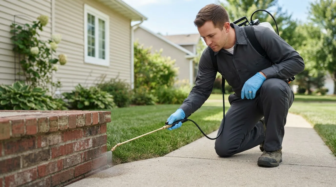 Pest control technician treating a home near New Castle, IN