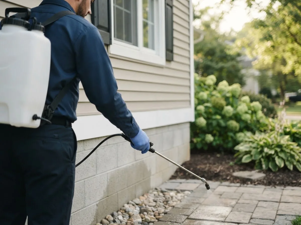 Pest control technician inspecting a home in New Castle, IN